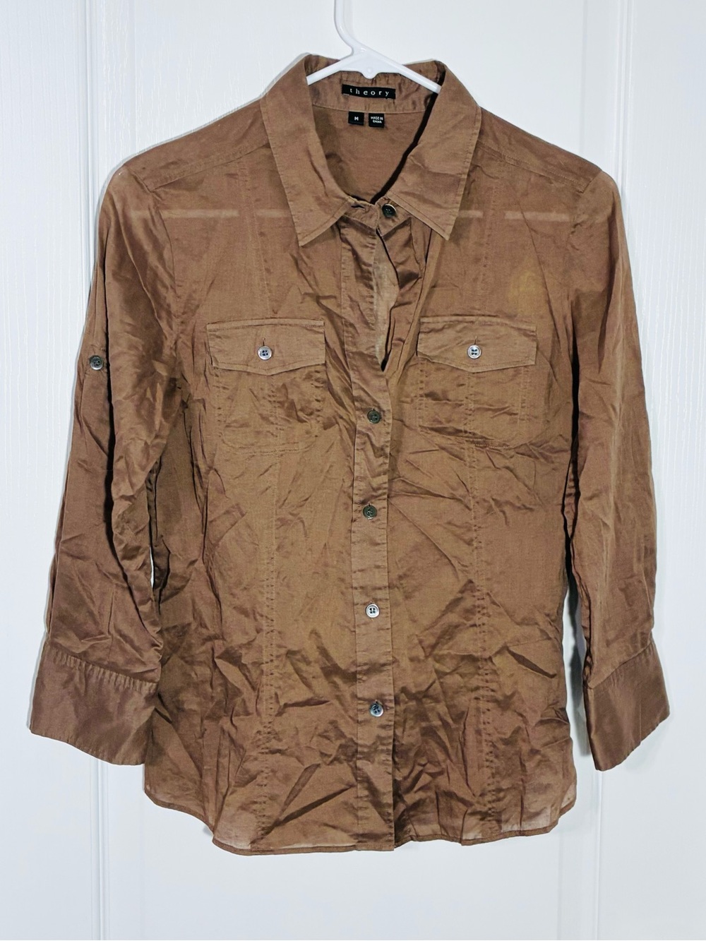 Theory Roll Tab 3/4 Sleeve Semi Sheer Button Front Utility Shirt Brown Sz Medium